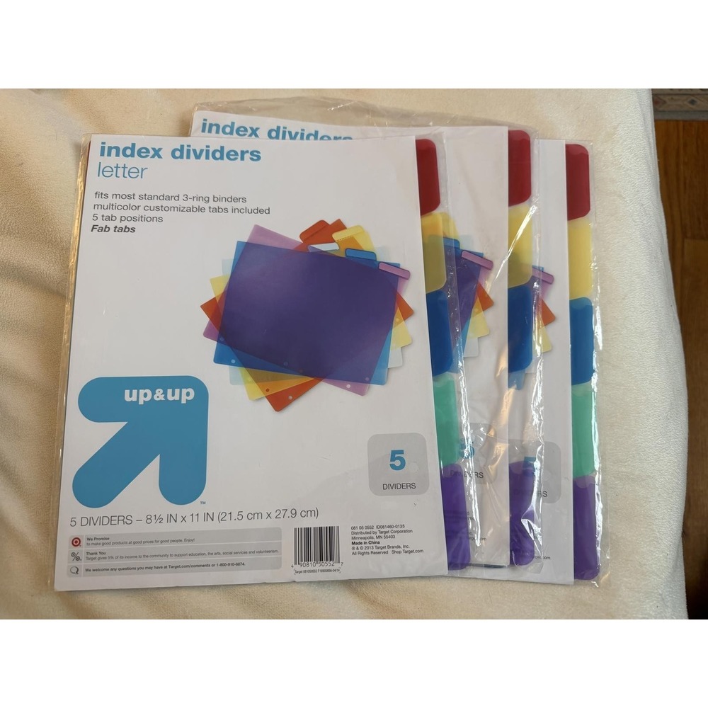 Lot of 3 Up&Up Index Dividers Letter 5-Tab Multicolor Plastic 3-Ring Binder